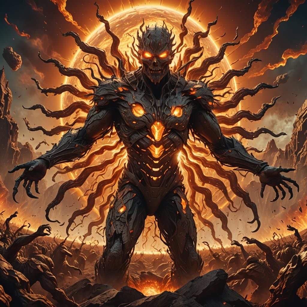 Surreal Multi-Limbed Figure Engulfs Earth on Sun