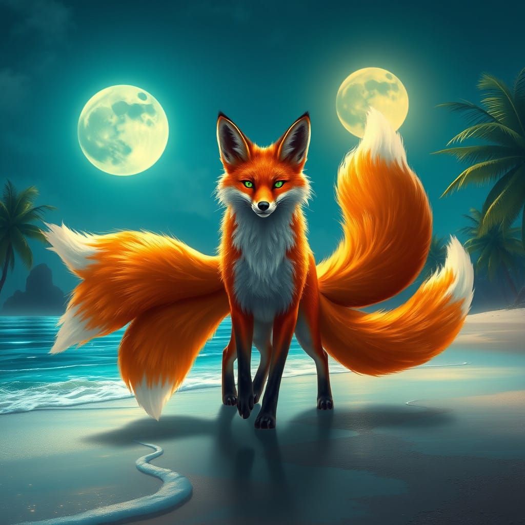 Majestic Nine-Tailed Fox Under Starry Moonlit Skies