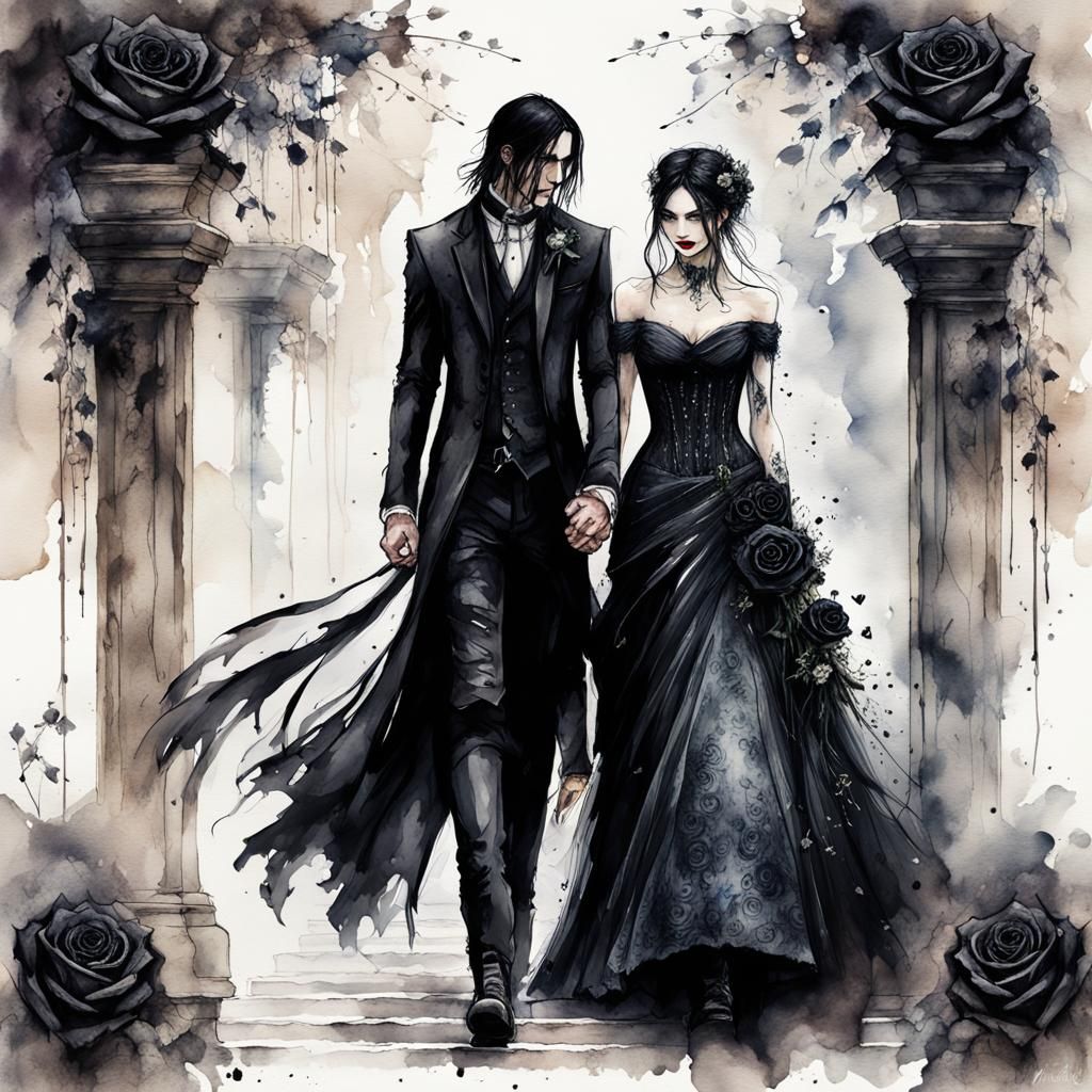 Romantic Gothic Wedding in Digital Watercolor Style