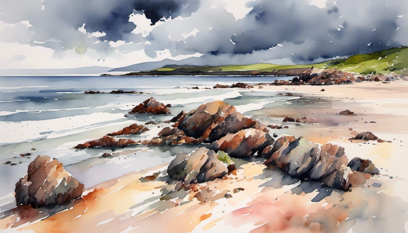 Camusdarach Beach, Scotland with stormy sky,