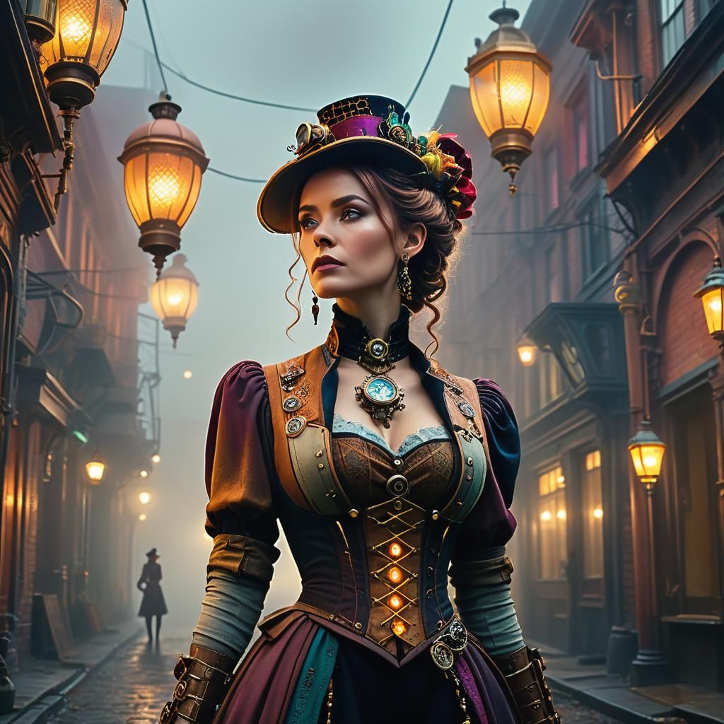 Ethereal Steampunk Siren in a Victorian Alleyway