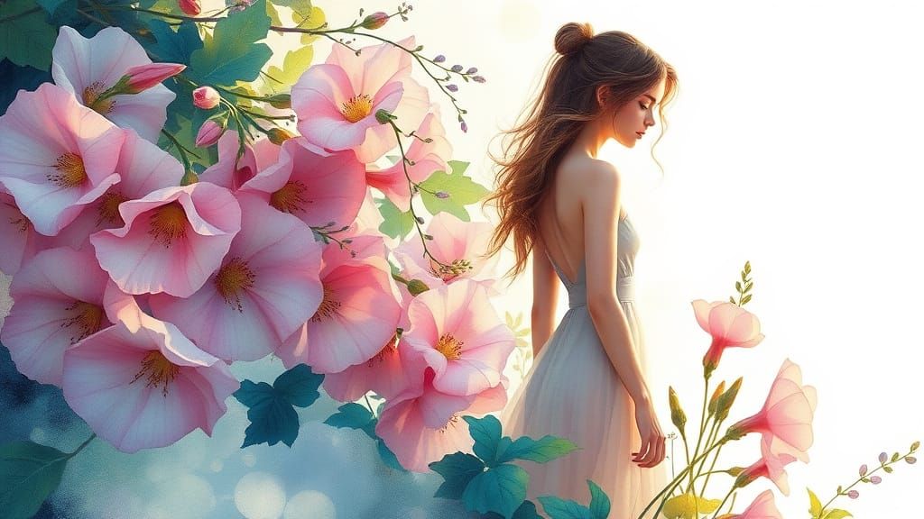 Enchanting Lady in Pastel Morning Glories