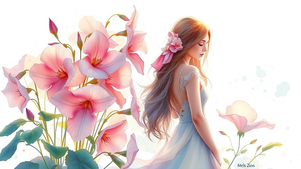 Whimsical Lady in Morning Glories