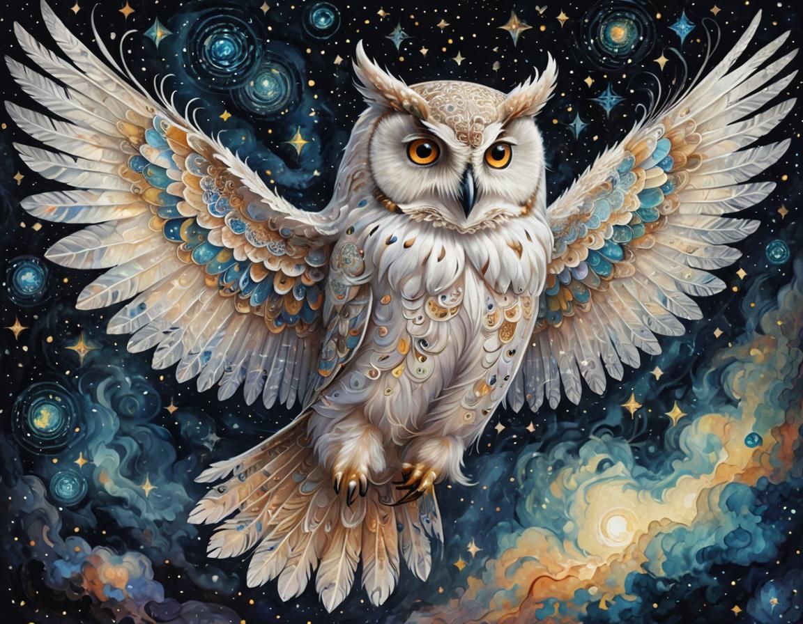 Mystical Owl Drifting in Cosmic Space, Klimt-Inspired Art