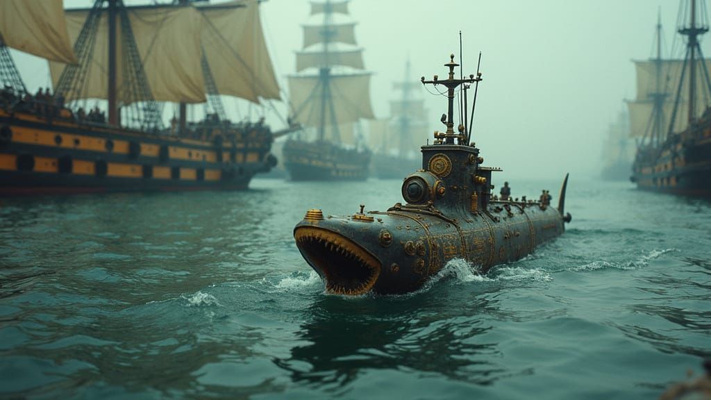 Steampunk Shark Submarine Arrives in Victorian Port