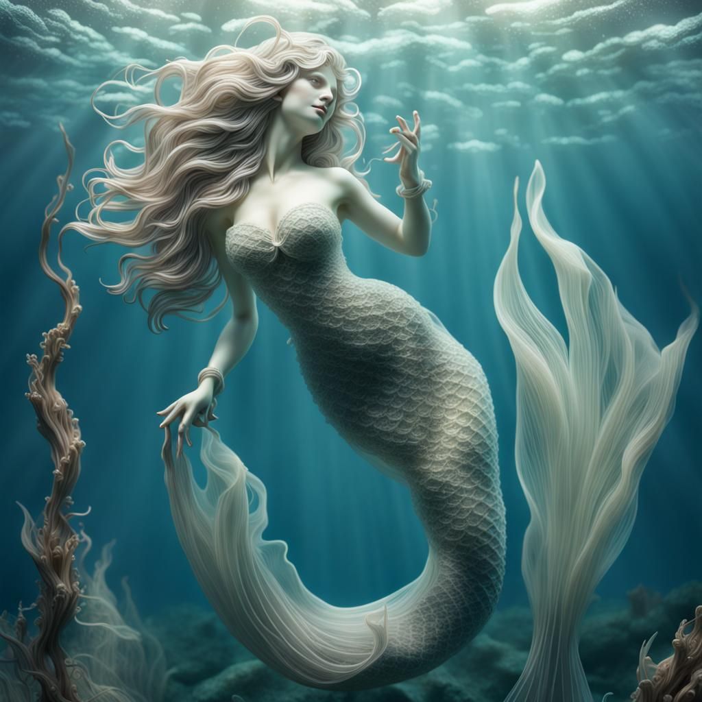 Fantasy Mermaid in Translucent Underwater Sculpture