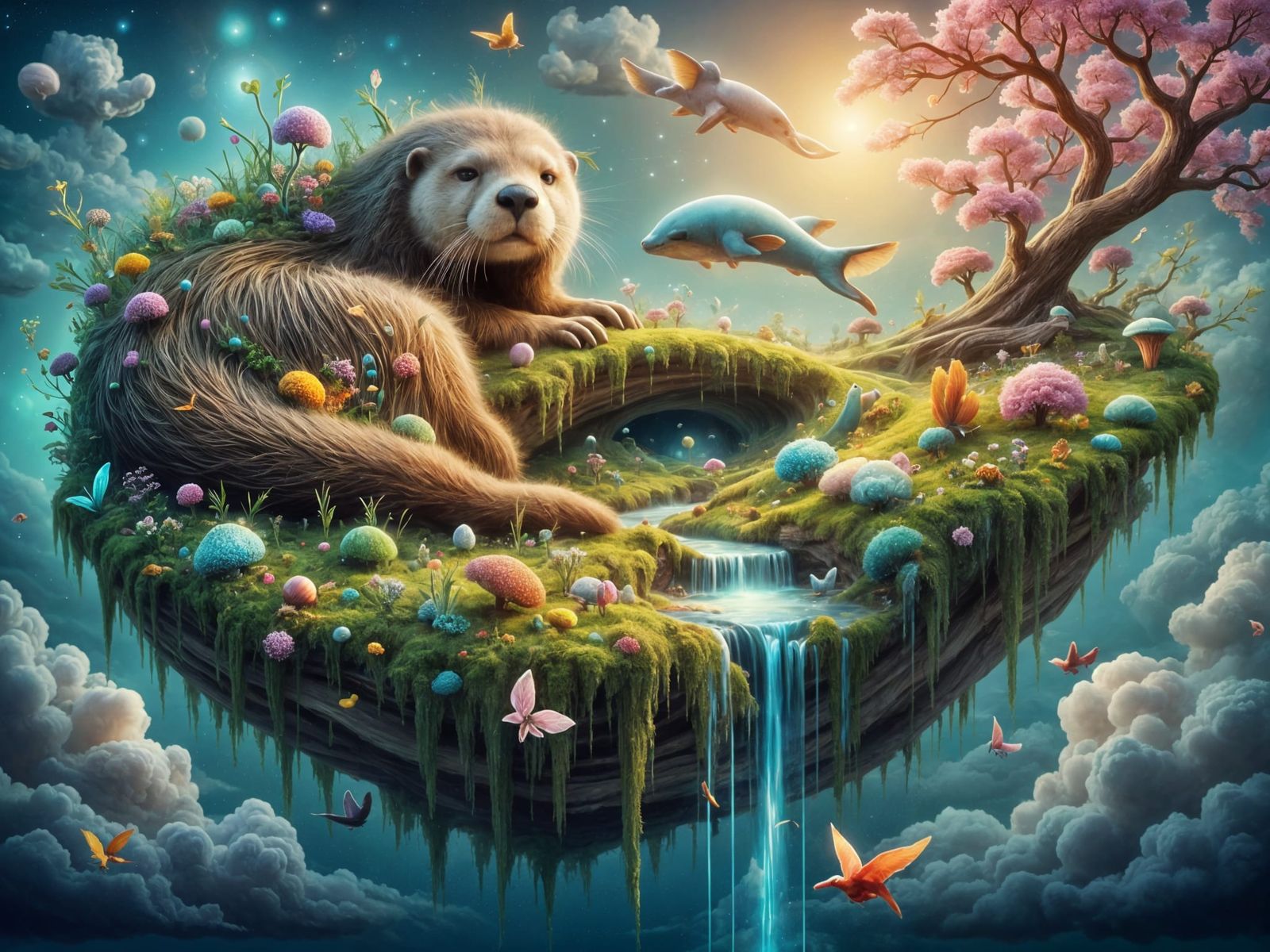 Fantasy Otter Floating Island Scene in Surreal Dreamlike Sty...