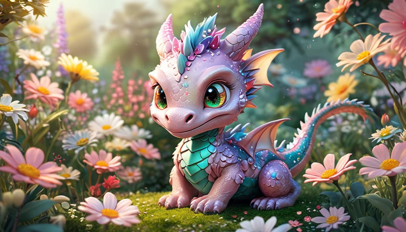 Chibi Dragon in Flower Garden: 3D Animation Style