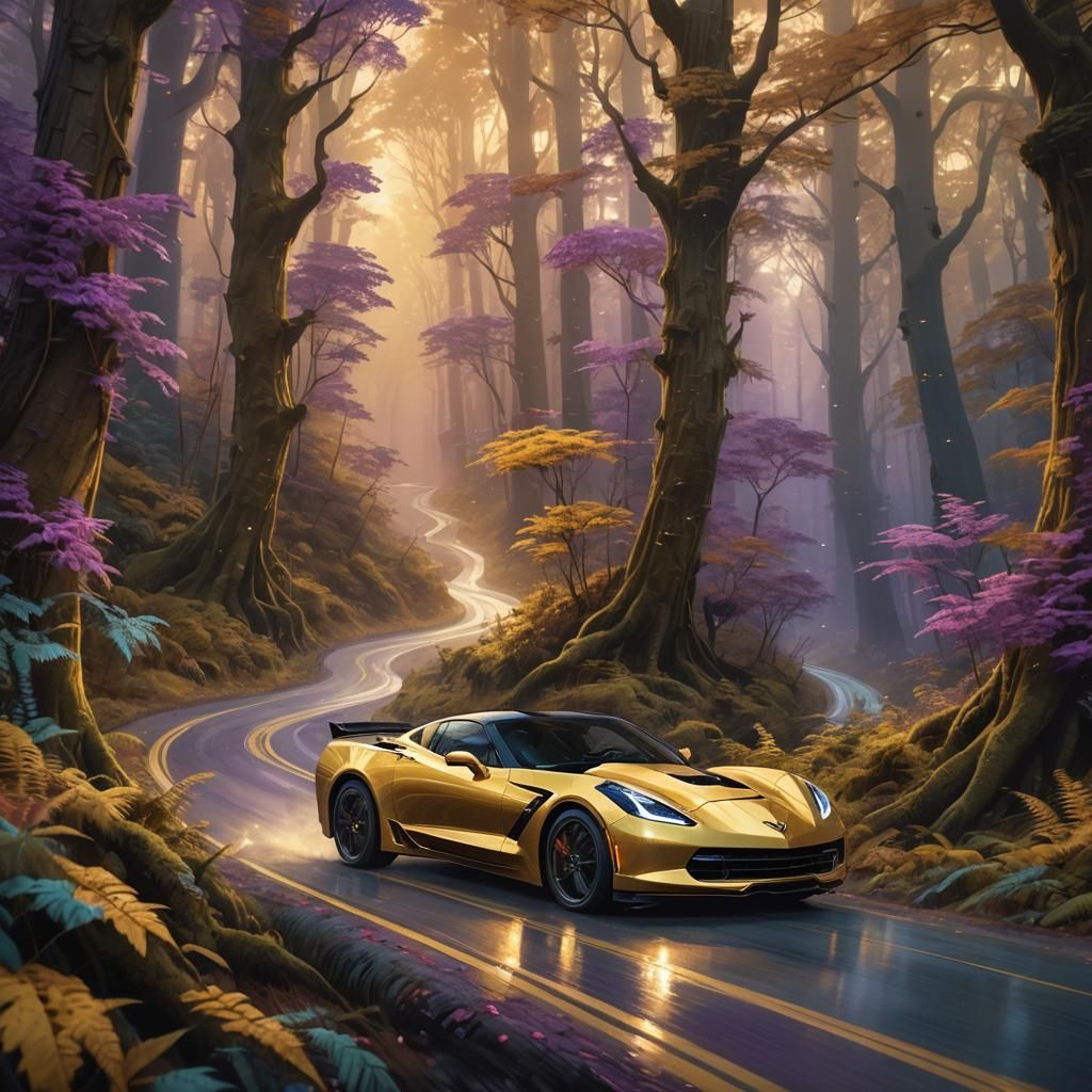 Golden Corvette in Mystical Forest: Cartoon Art