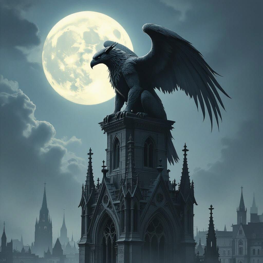 Gargoyle Transforming Into Eagle Atop Gothic Cathedral