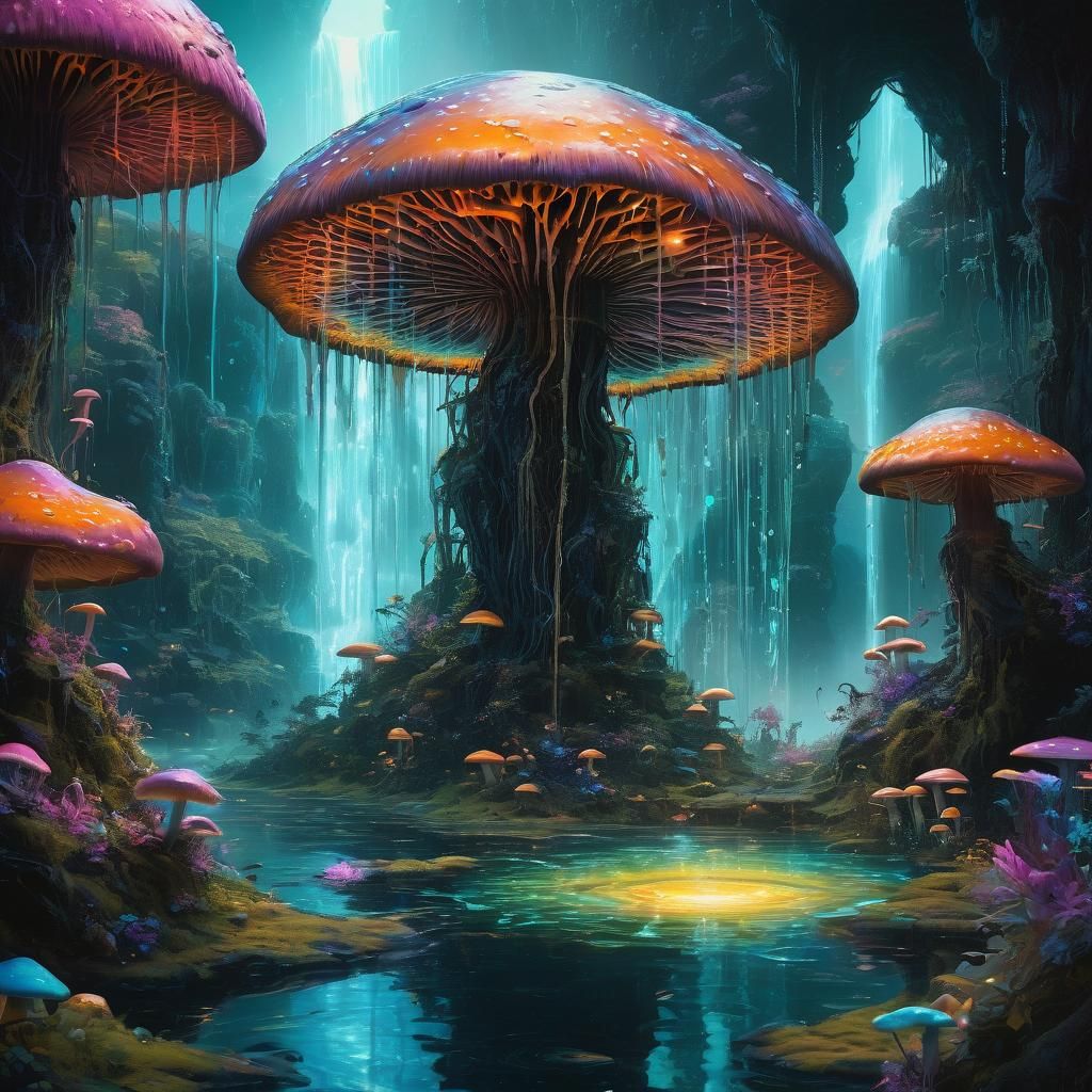 Surreal Bioluminescent Waterfalls in Dreamlike Landscape