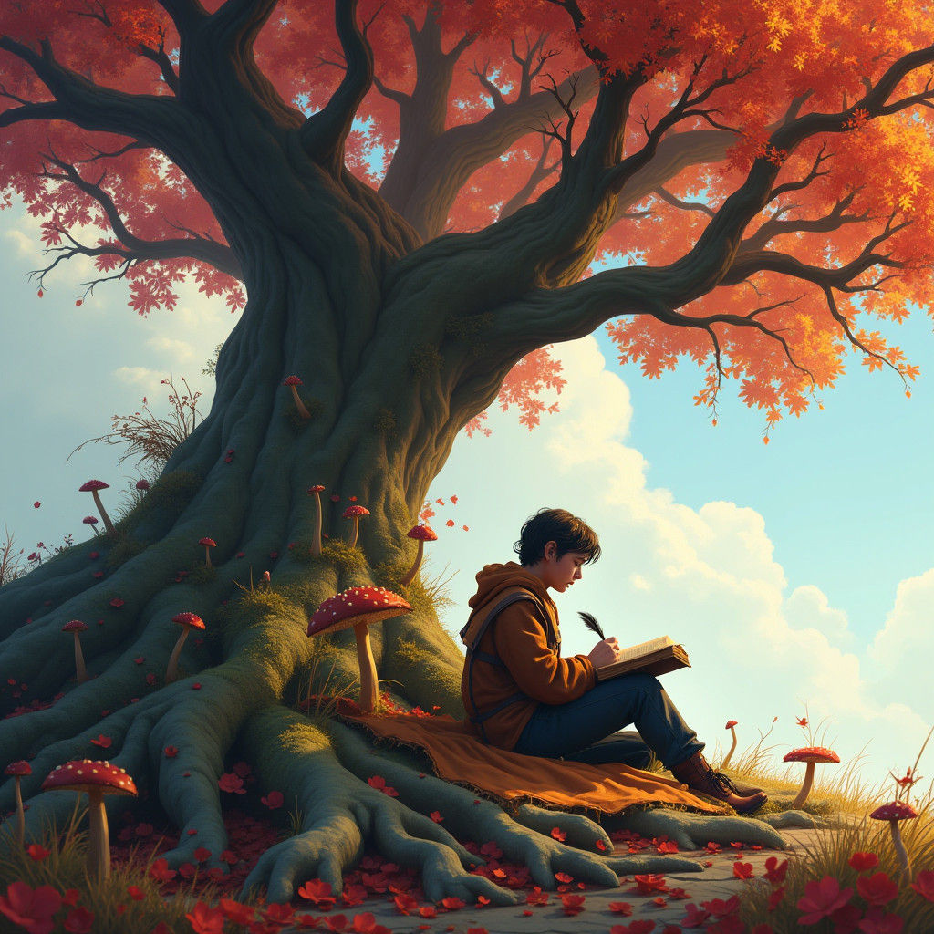 Autumnal Writer Under Ancient Tree: Matte Painting