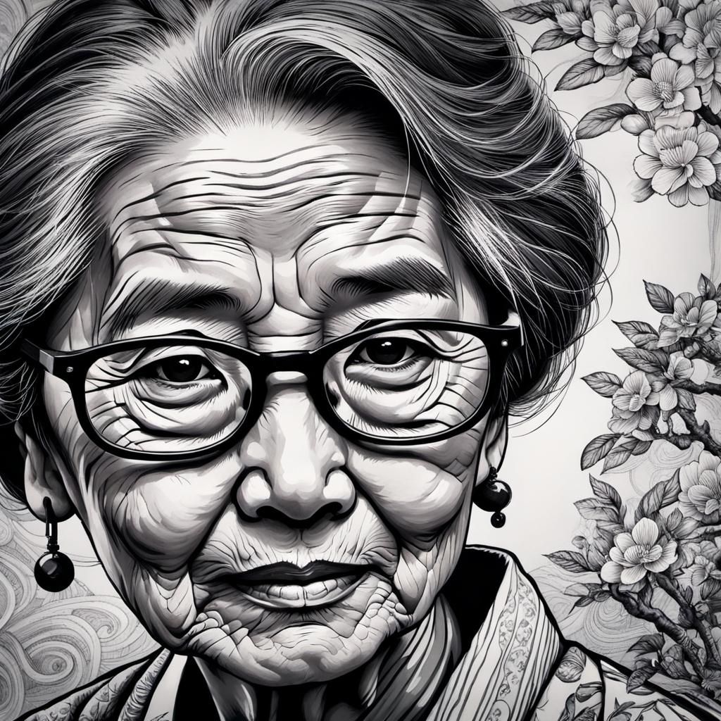 Peaceful Asian Woman Portrait in Ink Drawing
