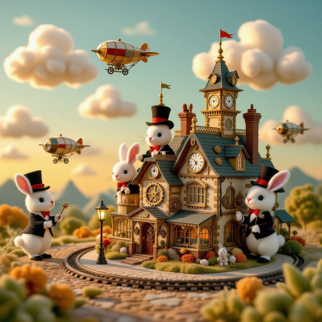 Felt Steampunk Cityscape with Bunnies and Dirigibles