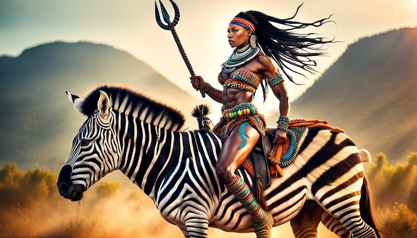 African Warrior Woman riding a zebra