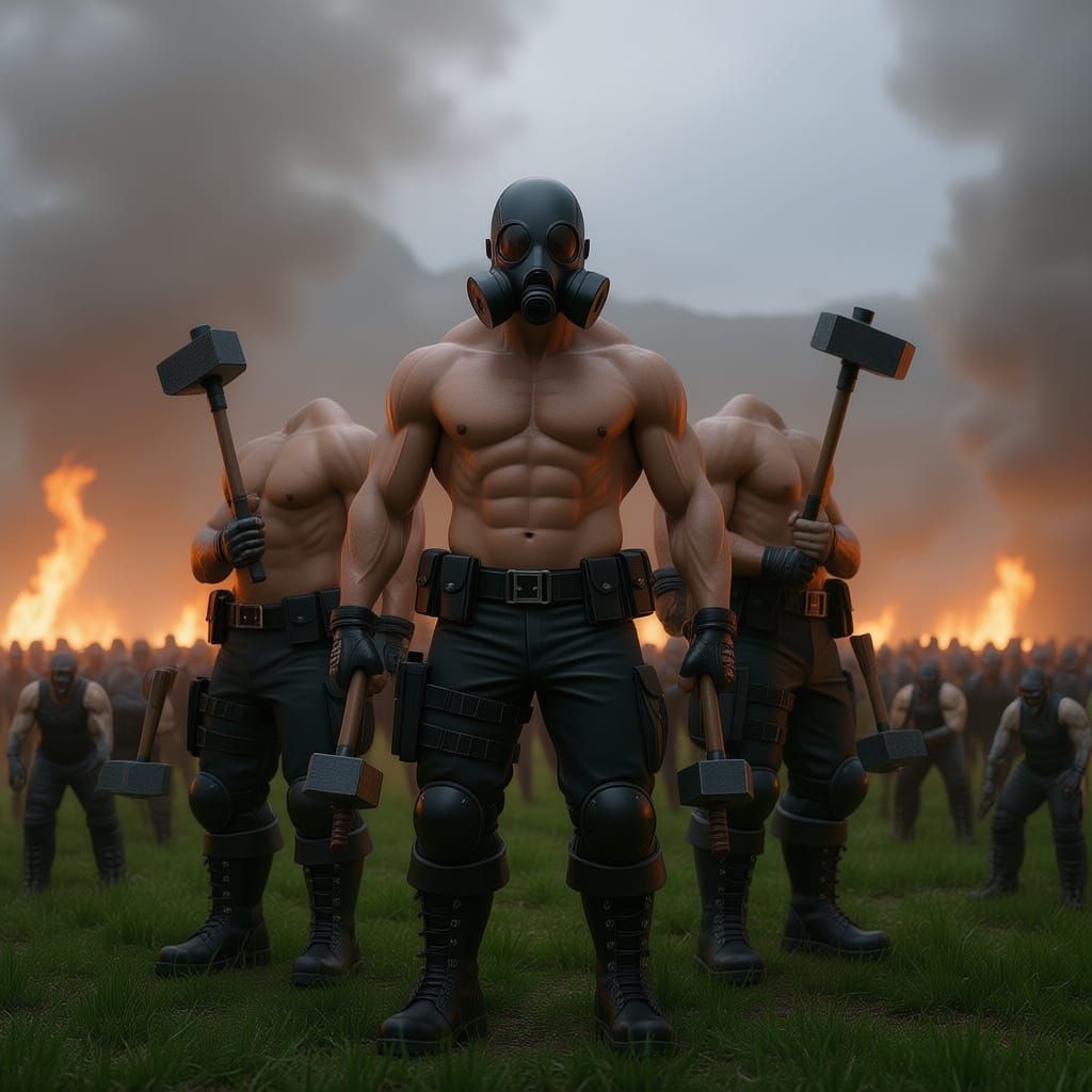 Muscular Figures in Gas Masks Carry Hammers