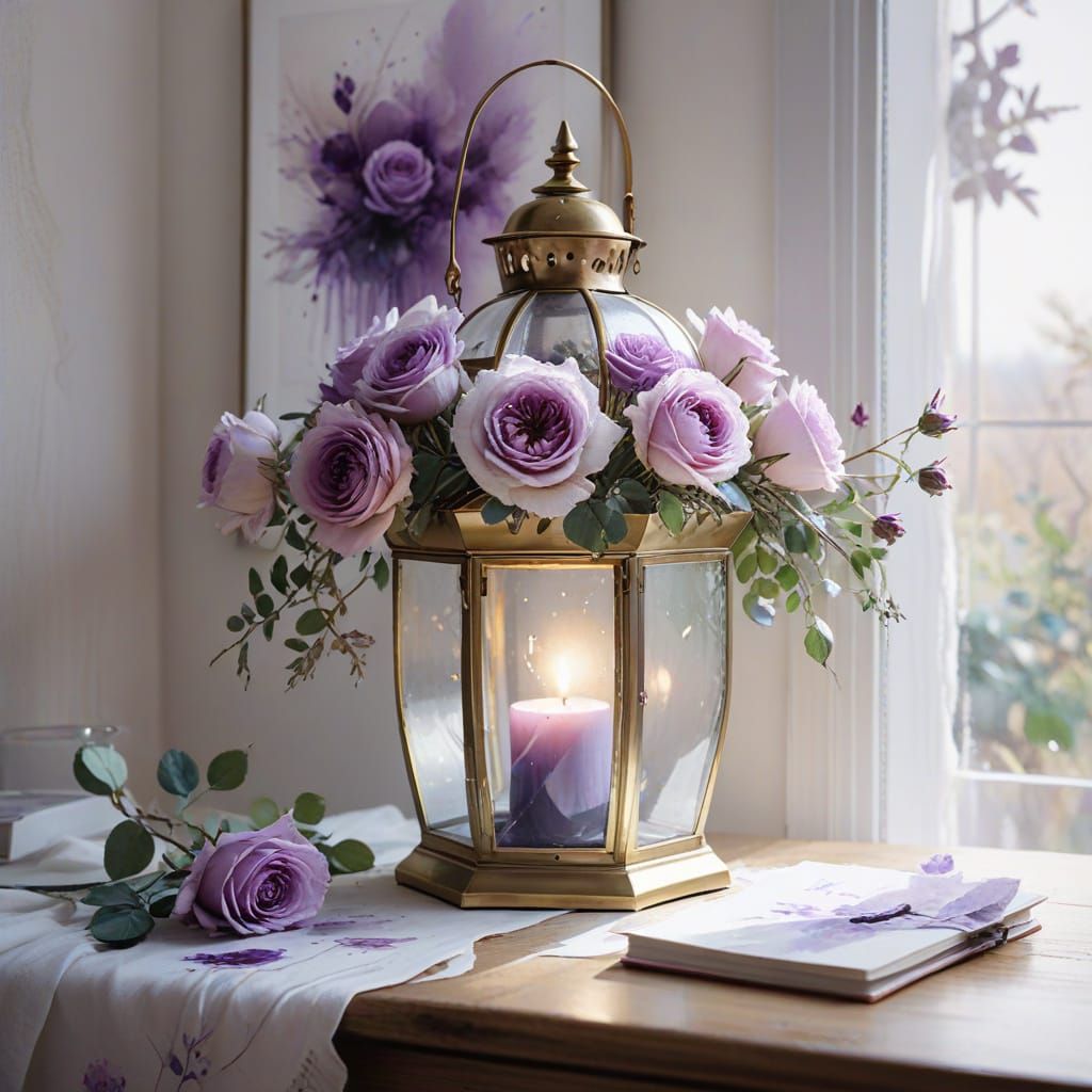 Ethereal Lantern with Purple Roses in Watercolour