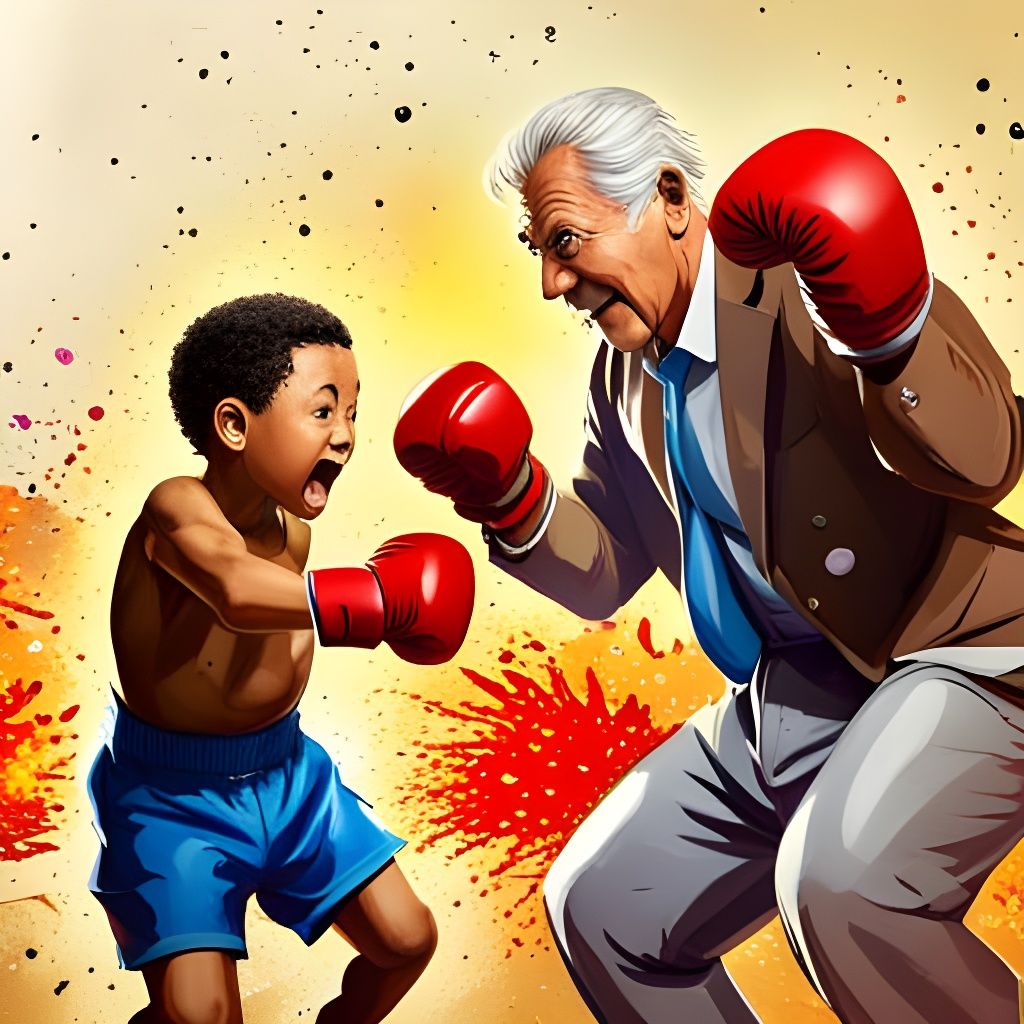 Boxing Match: Old Man and Toddler in 3D Splash Art