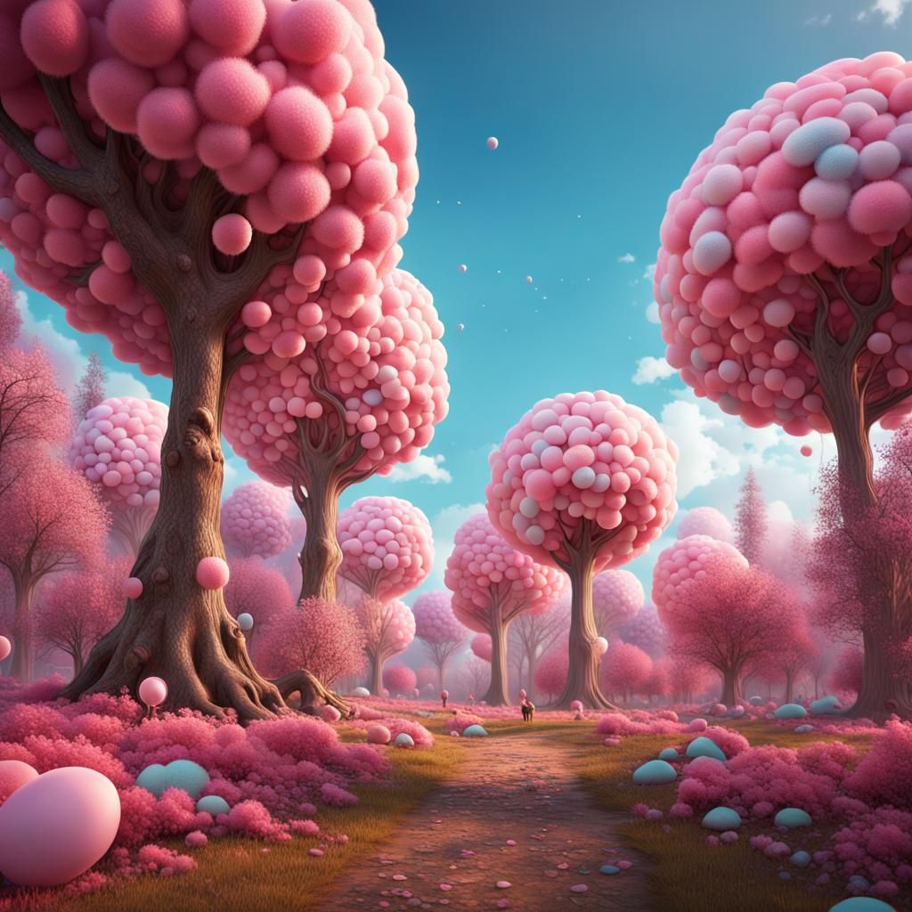 a candy forest where lollipop trees stretch towards a cotton candy sky.