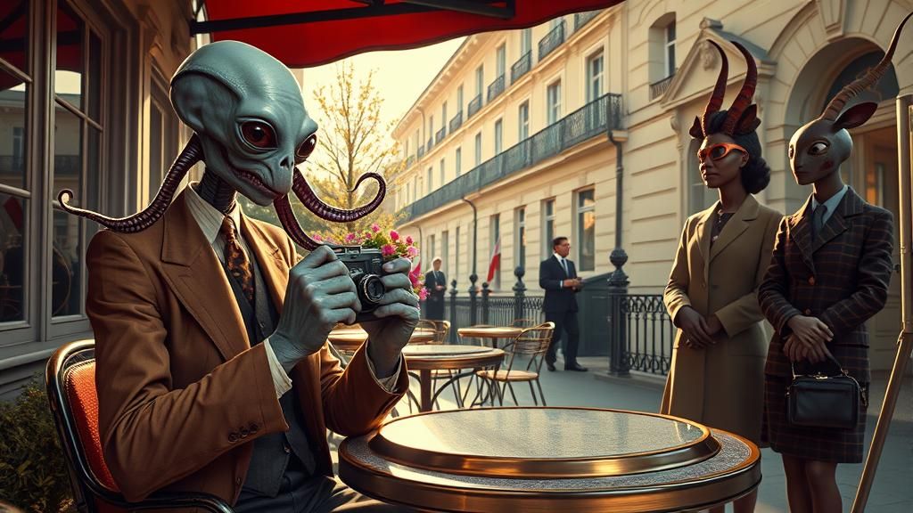 Alien Surveillance at Parisian Café: Surrealist Art