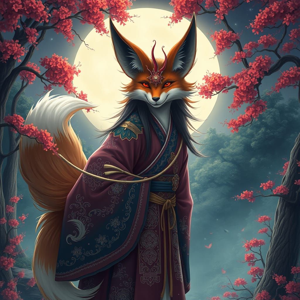 Mystical Kumiho in Moonlit Forest, Digital Painting