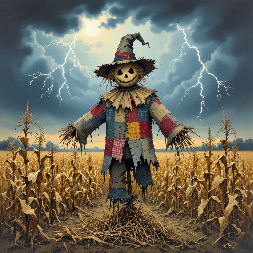 Gothic Scarecrow in Stormy Field, Gouache Painting