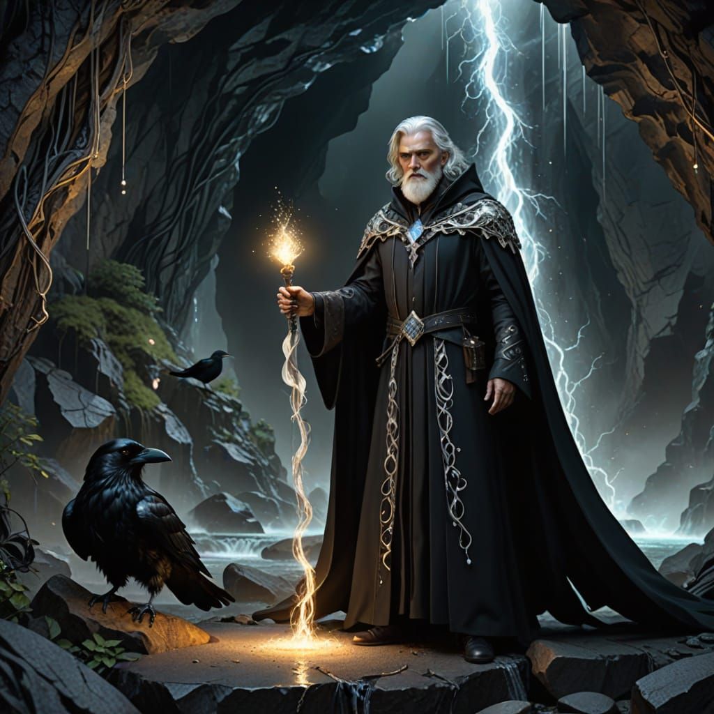 Wizard with Raven in Glimmering Cave