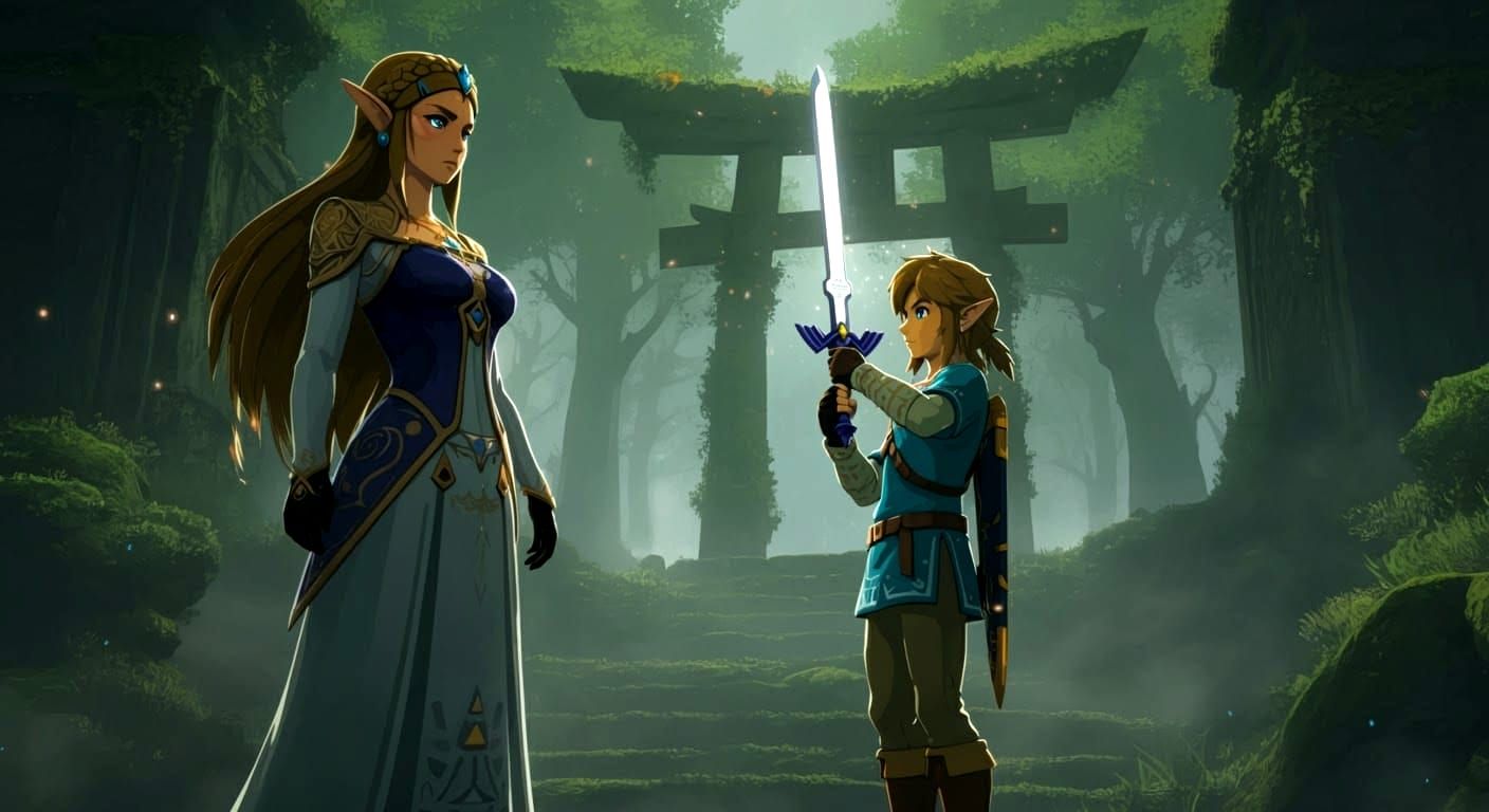 Zelda and Link in Forest Shrine: 3D Anime Art