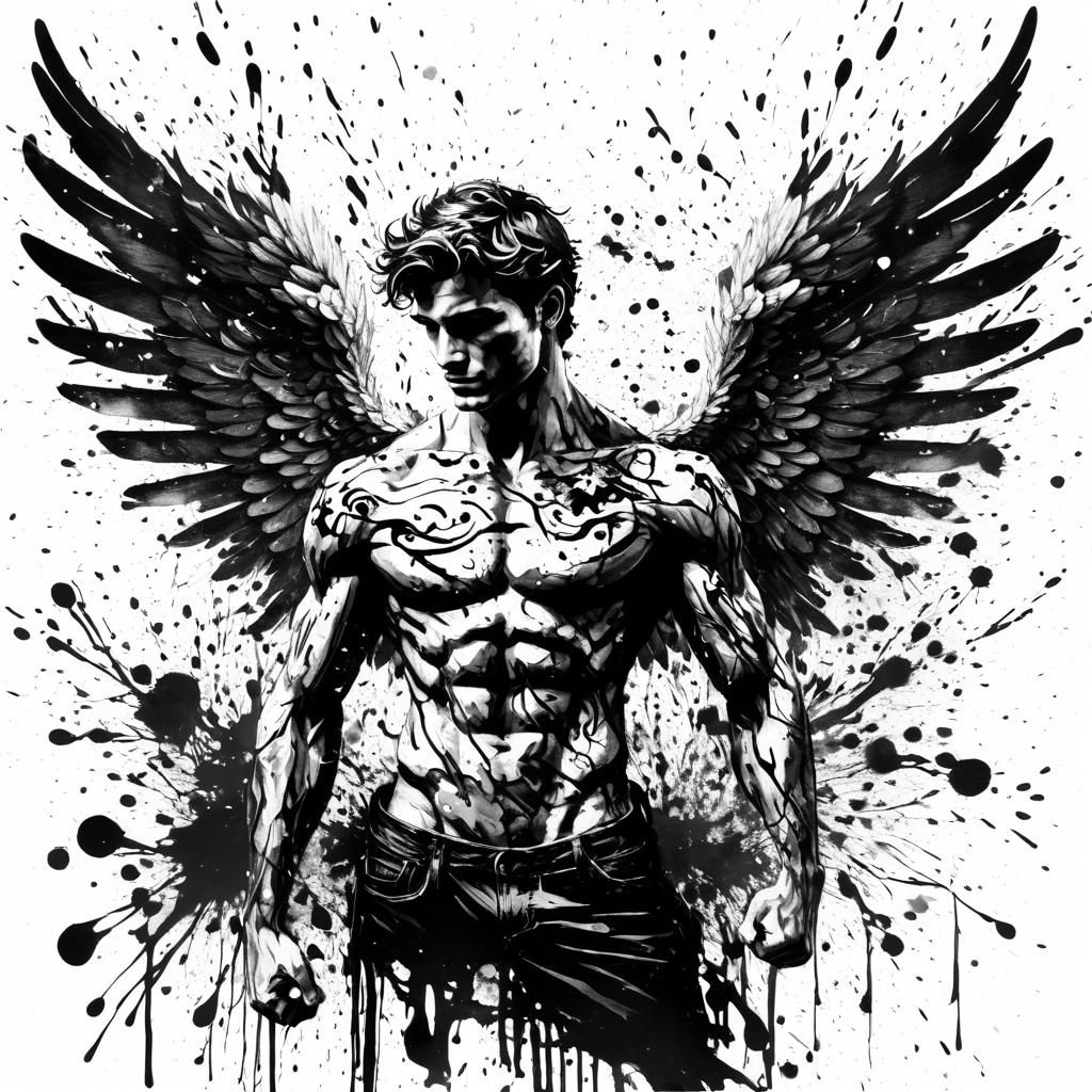 Dramatic Ink Splatter Drawing of Male Angel