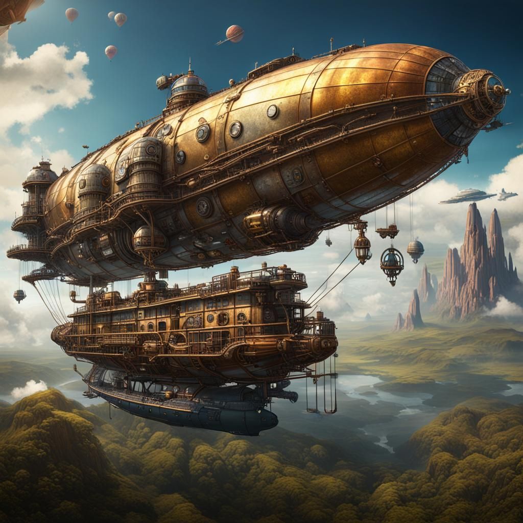 Steampunk Zeppelin Space Expedition: Detailed Matte Painting