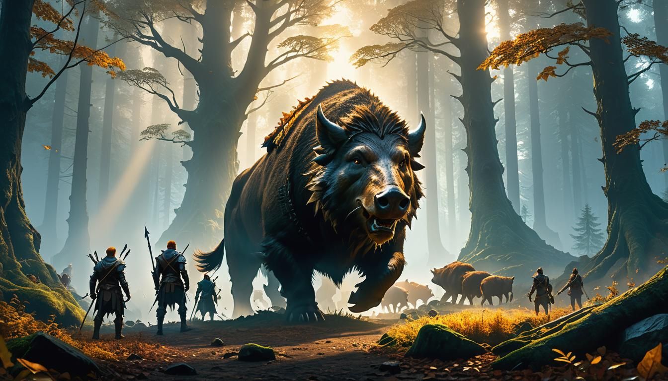 Giant Boar Surrounded by Elf Hunters in Misty Forest