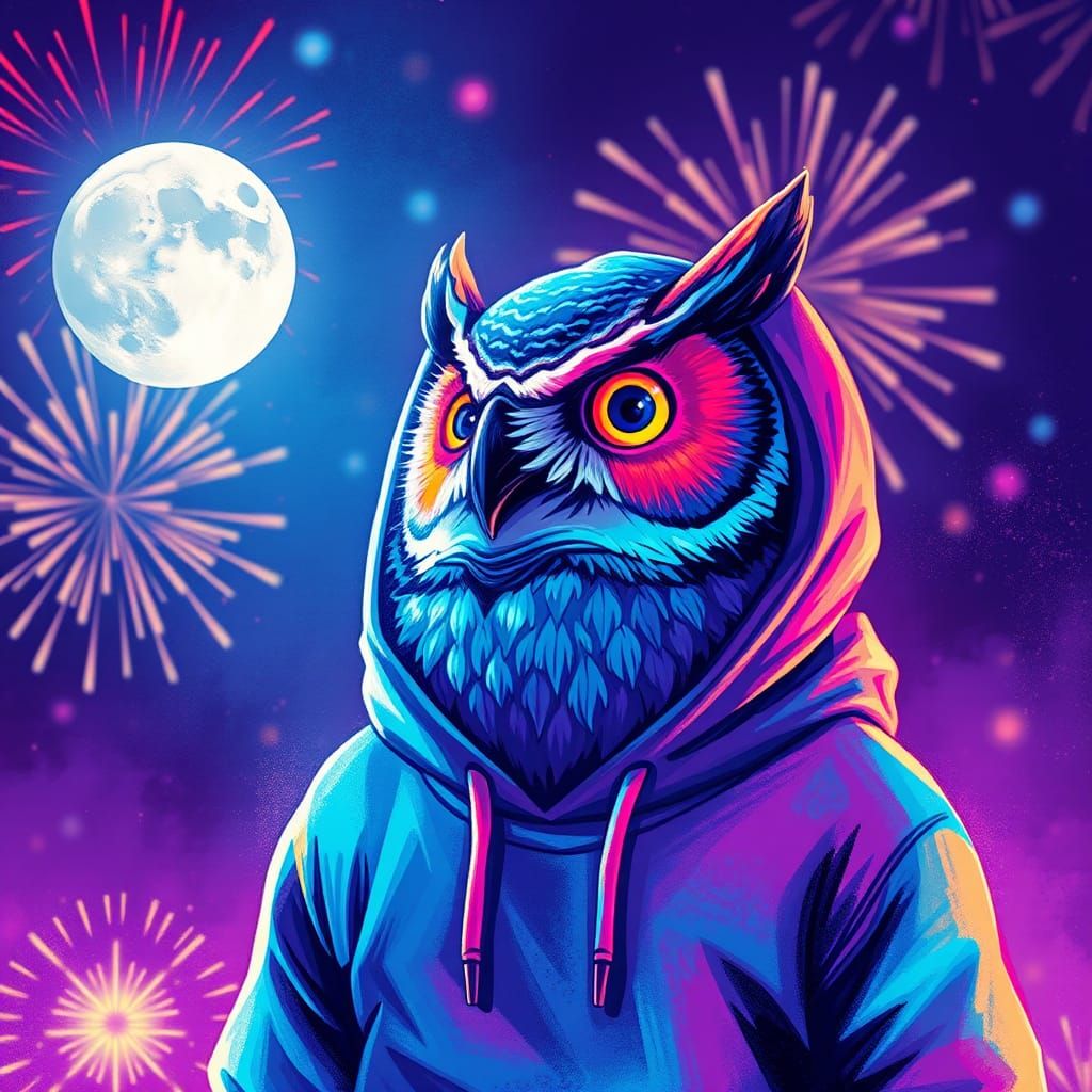 Fluorescent Owl in Hoodie Illustration, Fireworks Background