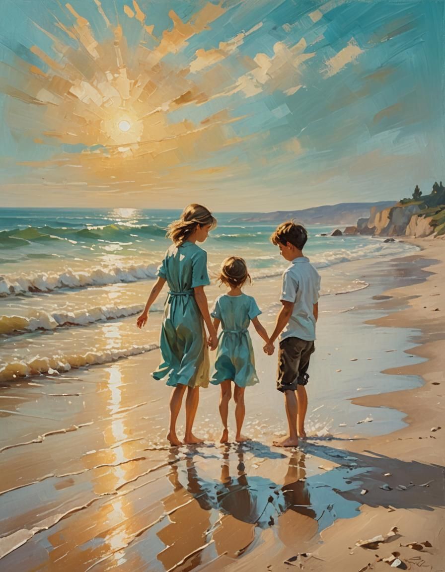 Romantic Beach Scene as Impressionist Oil Painting