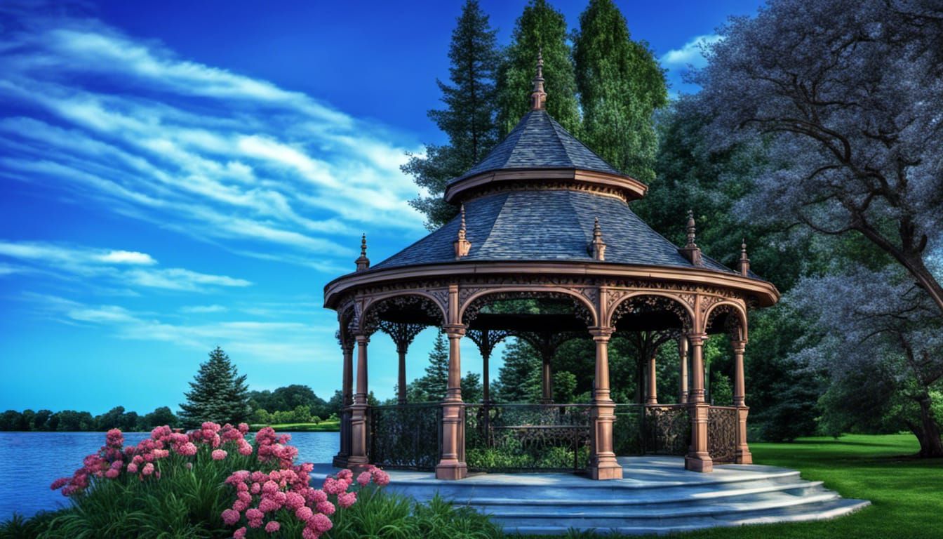 Gothic Gazebo in Lakeside Garden: Hyperrealistic HDR Image