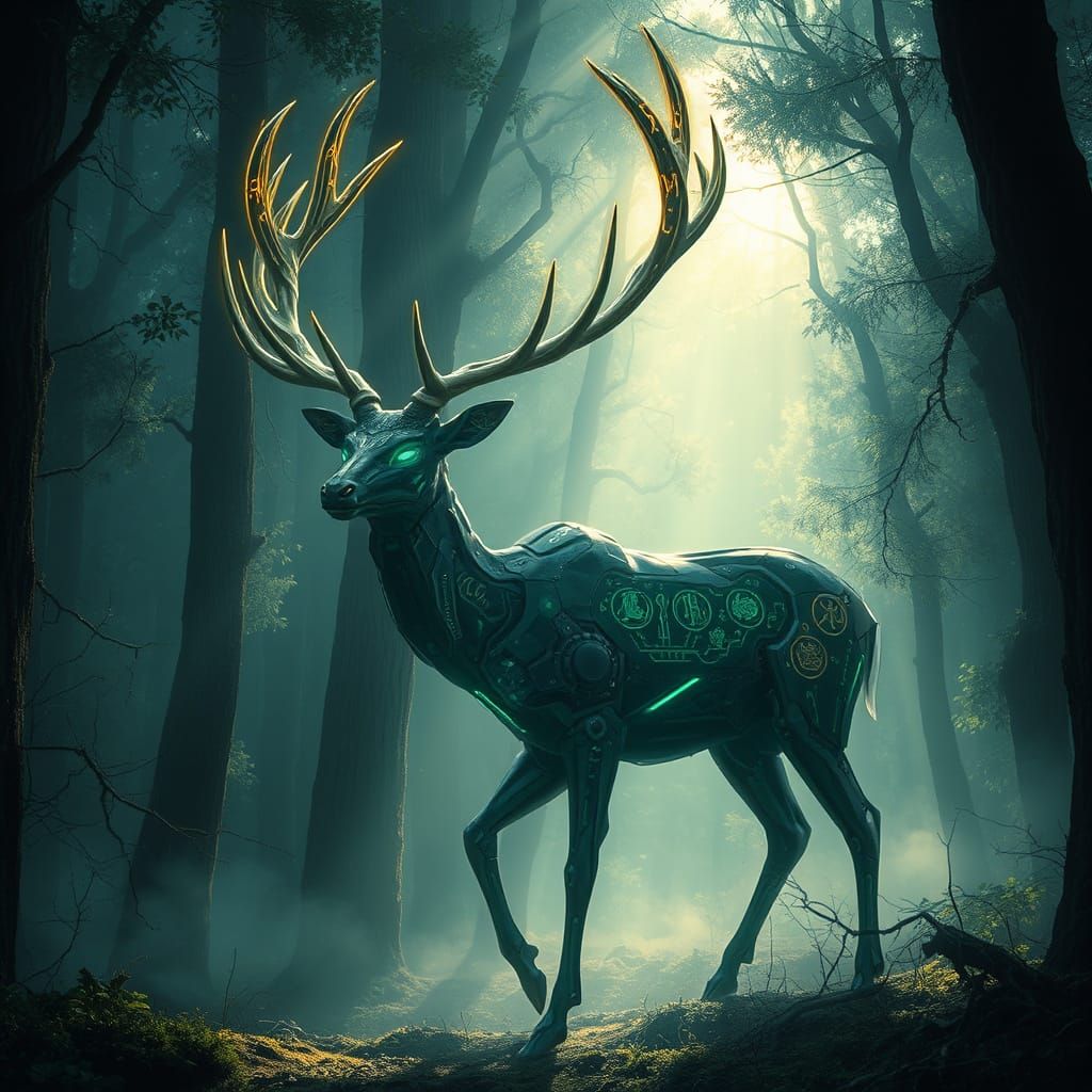 Mystical cybernetic mech deer. with glowing cybernetic antlers .