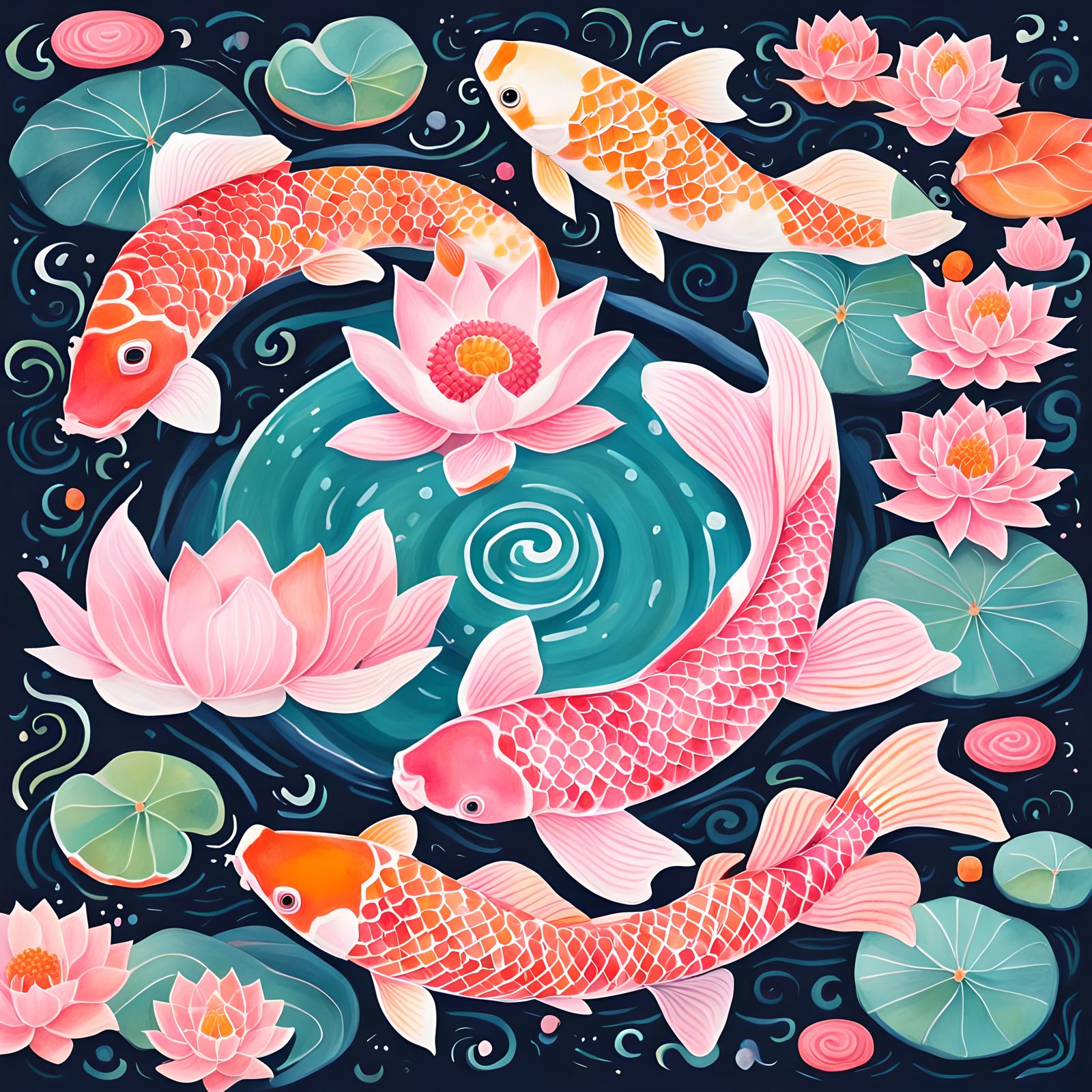 Lotus Flower and Koi Fish Logo in Gouache Style