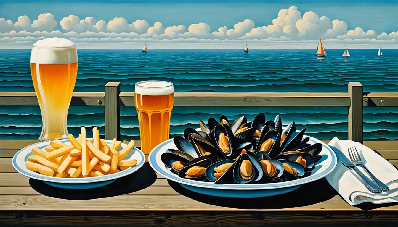Belgian Seaside Feast: Mussels, Fries, Beer in Ligne Clair S...