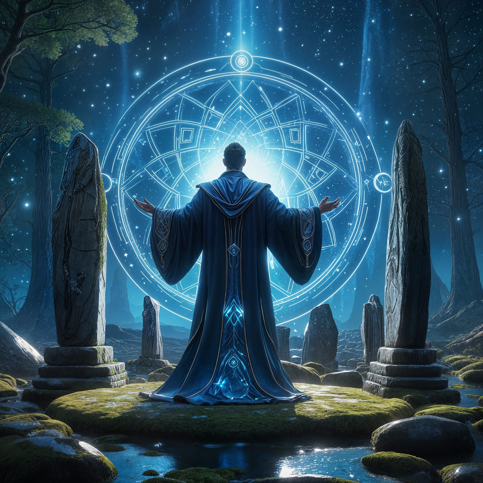 Ethereal Sorcerer in Starlight Robes Amidst Ancient Stones