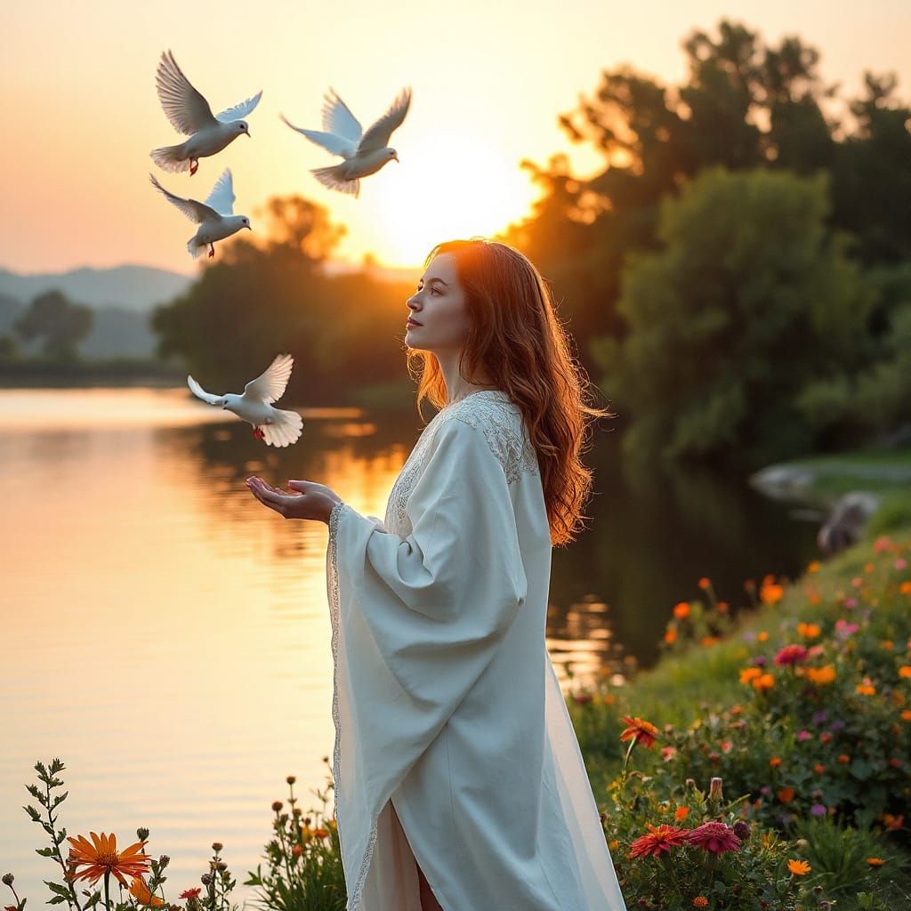 Serene Goddess Releases White Doves into Dawn Sky
