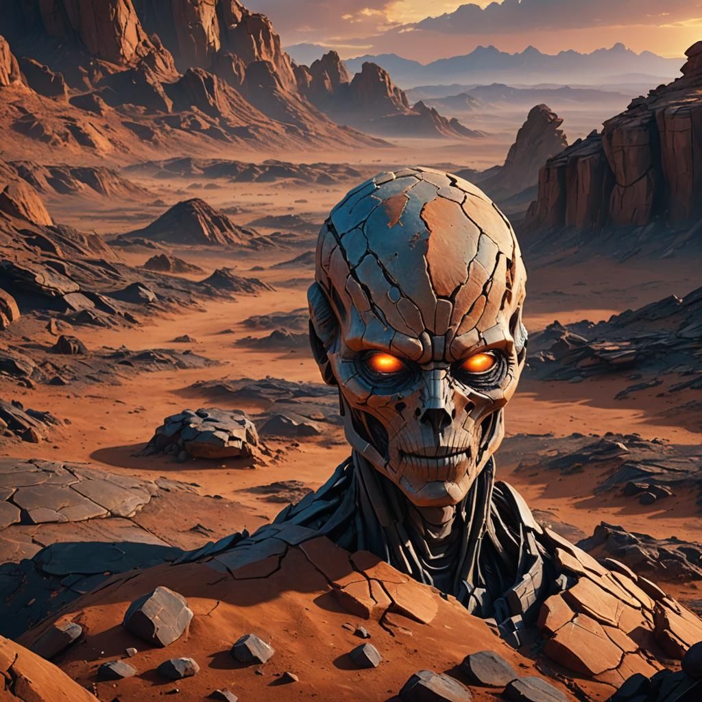 Cracked Stone Head in Alien Sunset: Fantasy Concept Art