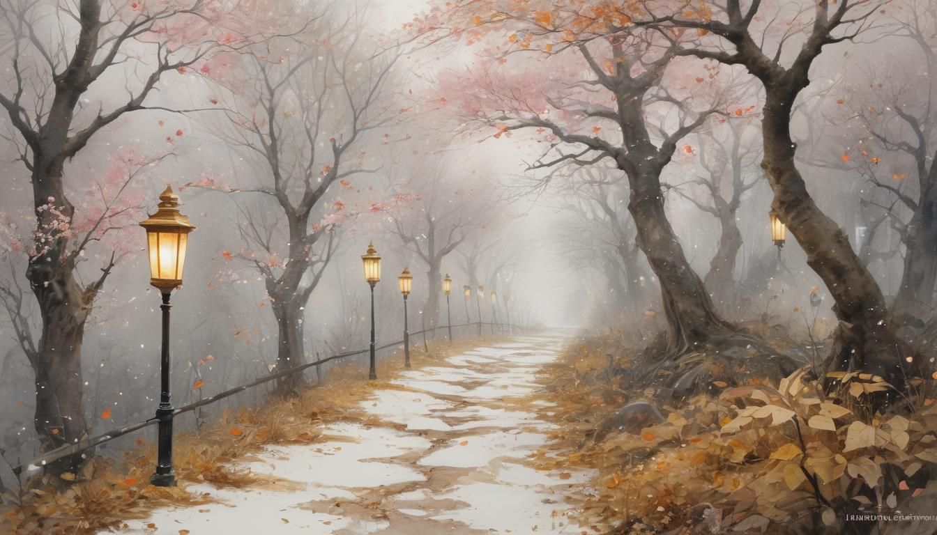 misty, ethereal, dreamy autumn leaves in the front