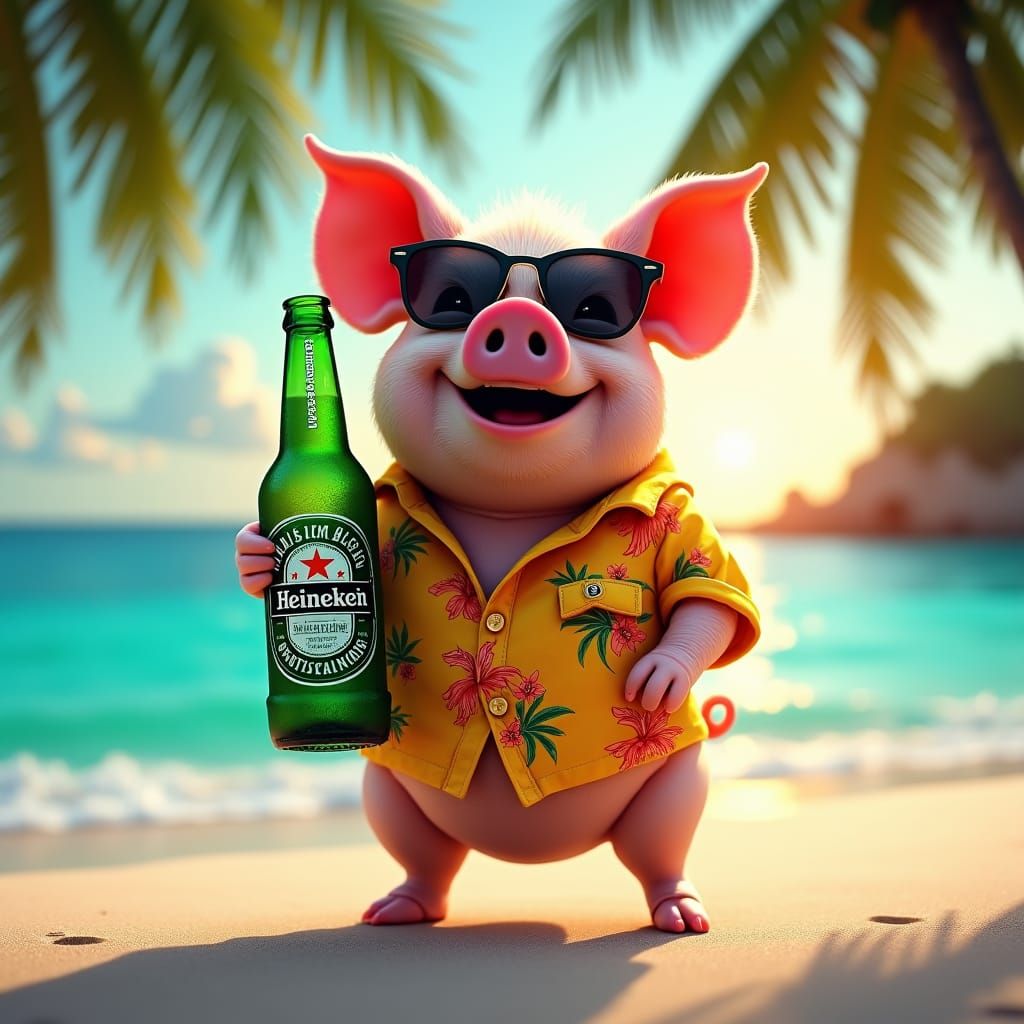 Pig on Beach with Beer, Matte Painting Style