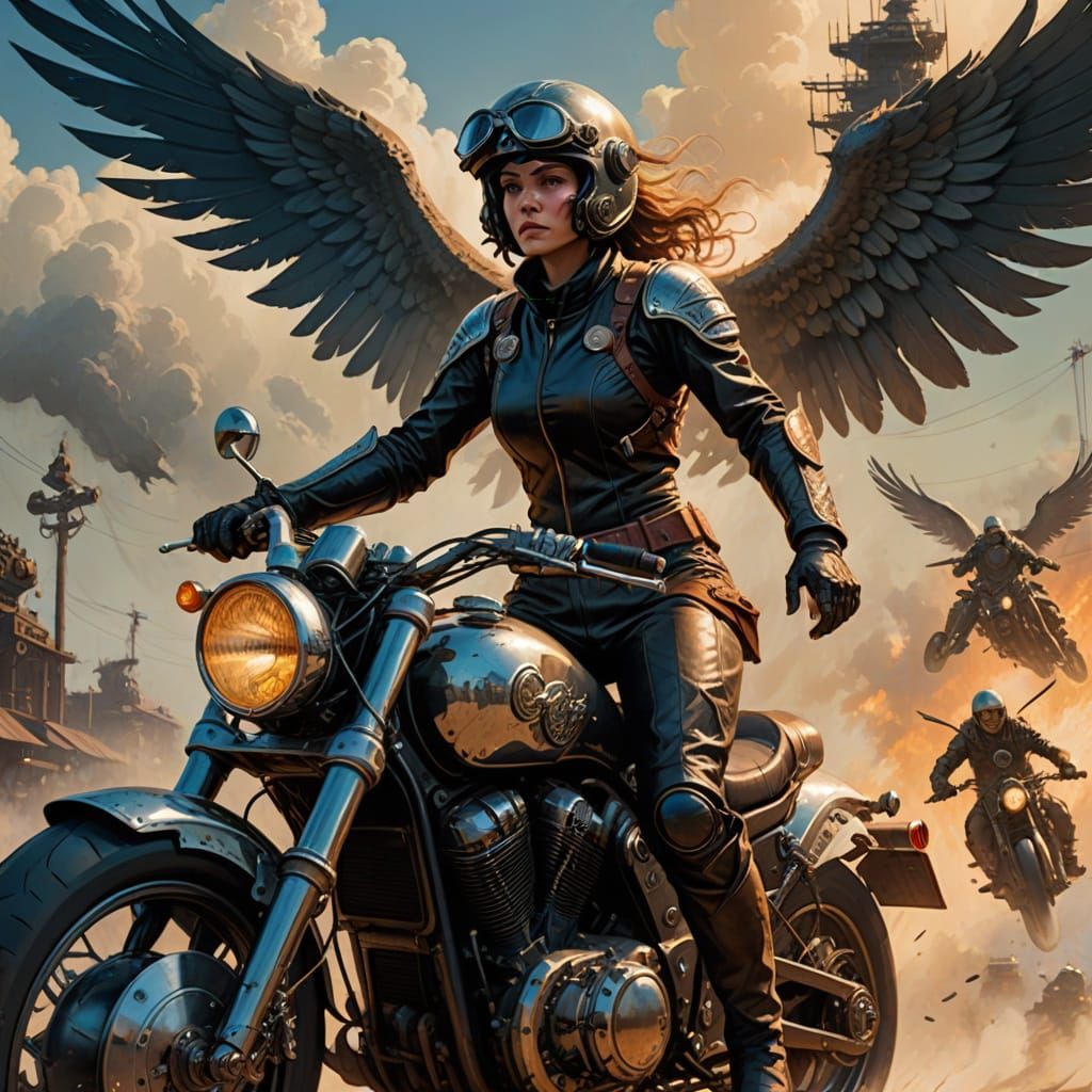 Dieselpunk Valkyrie Queen Soaring on Winged Motorcycle