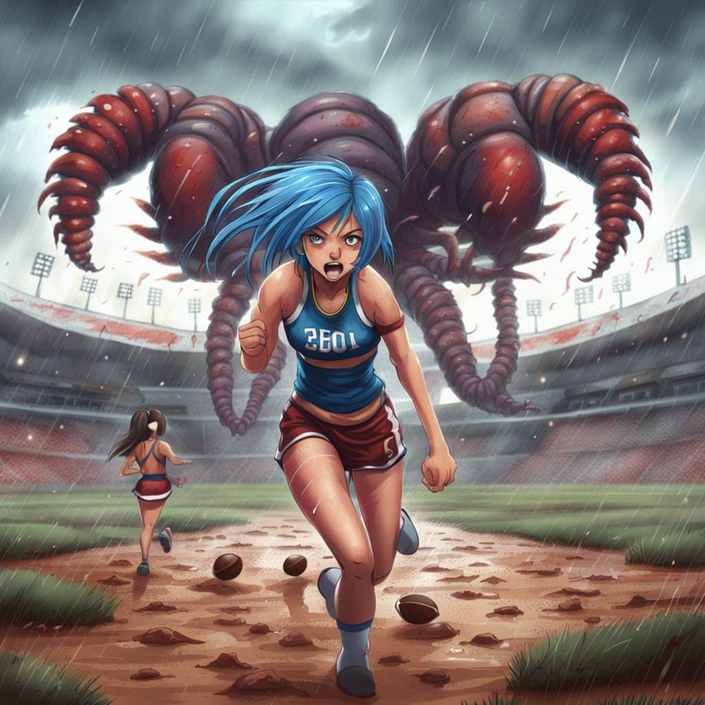 A Cheerleader Running Away From a Giant Centipede