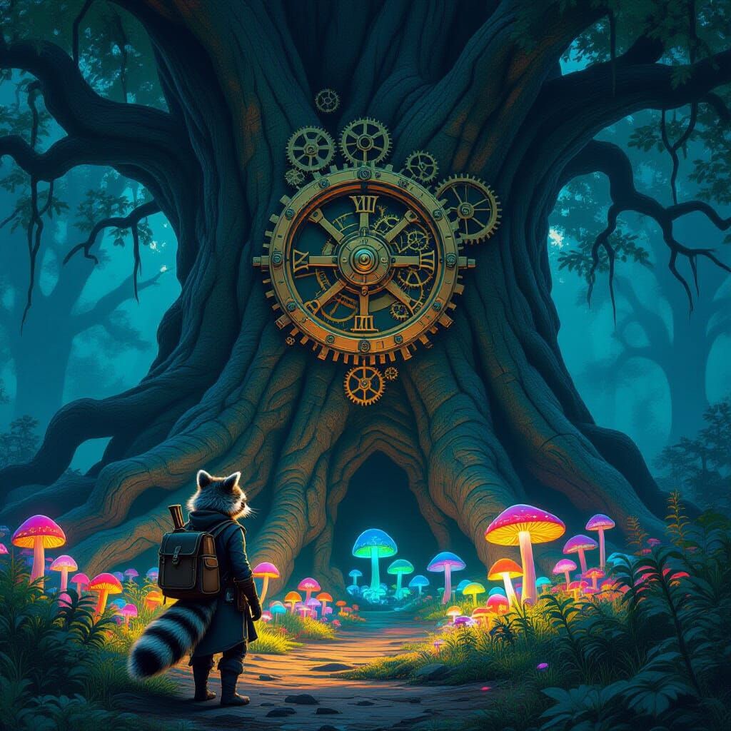 Raccoon Traveler at Giant Clockwork Tree