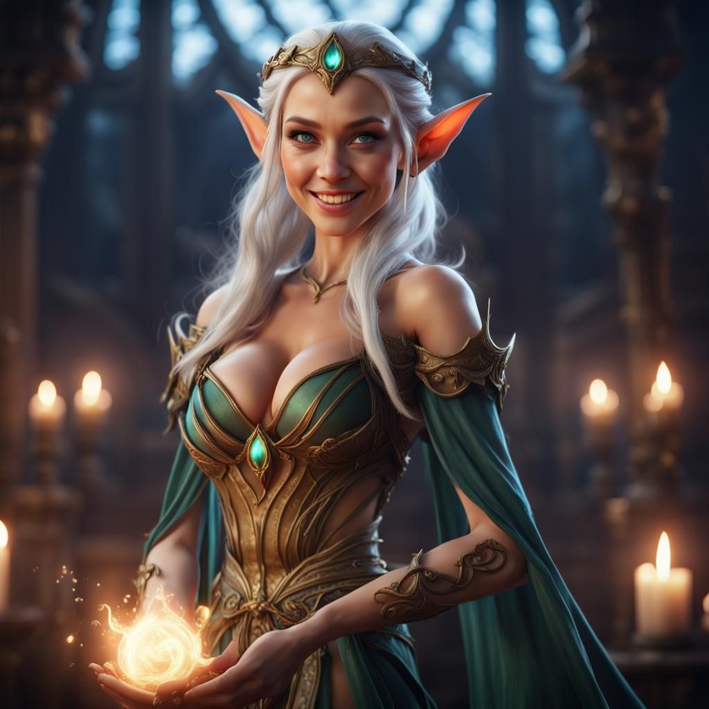 Smiling Elf Casting Spell in Detailed Fantasy Art