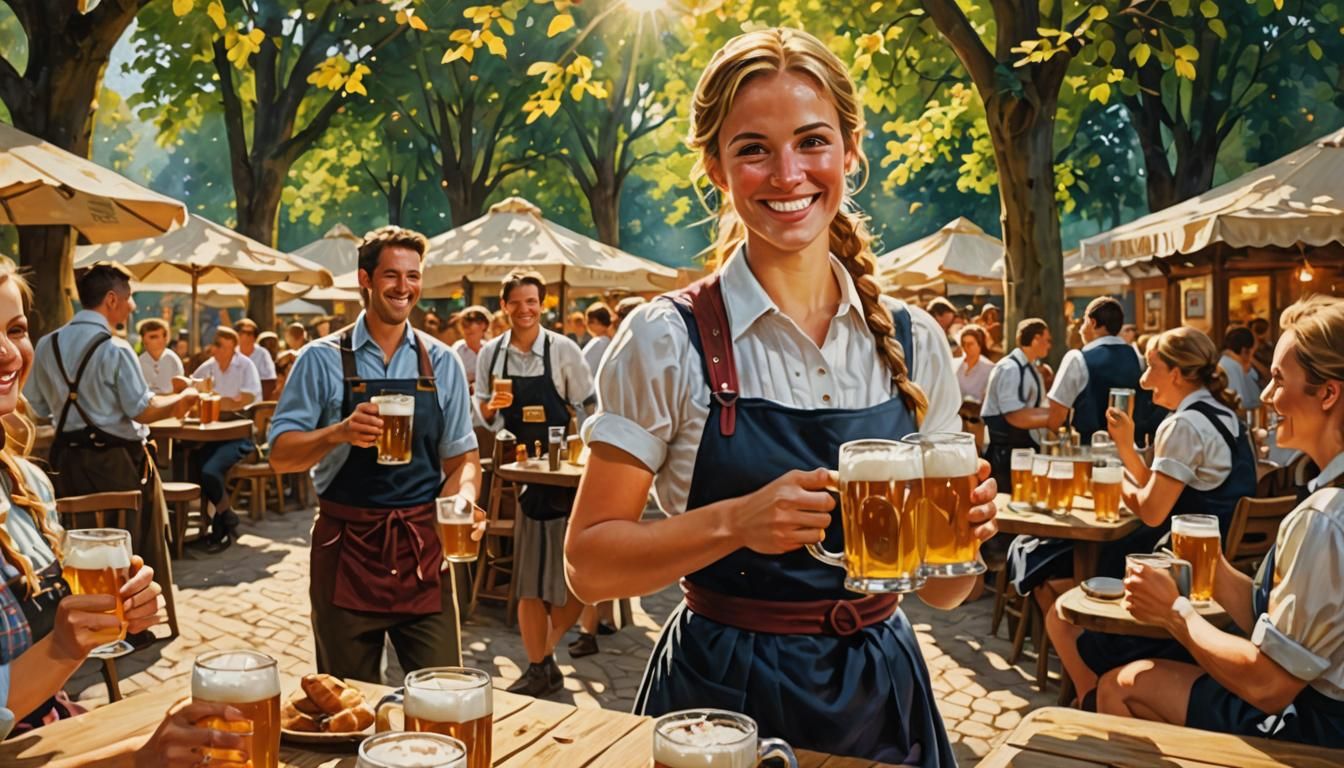 Bavarian Beer Garden Scene in Folk Art Style