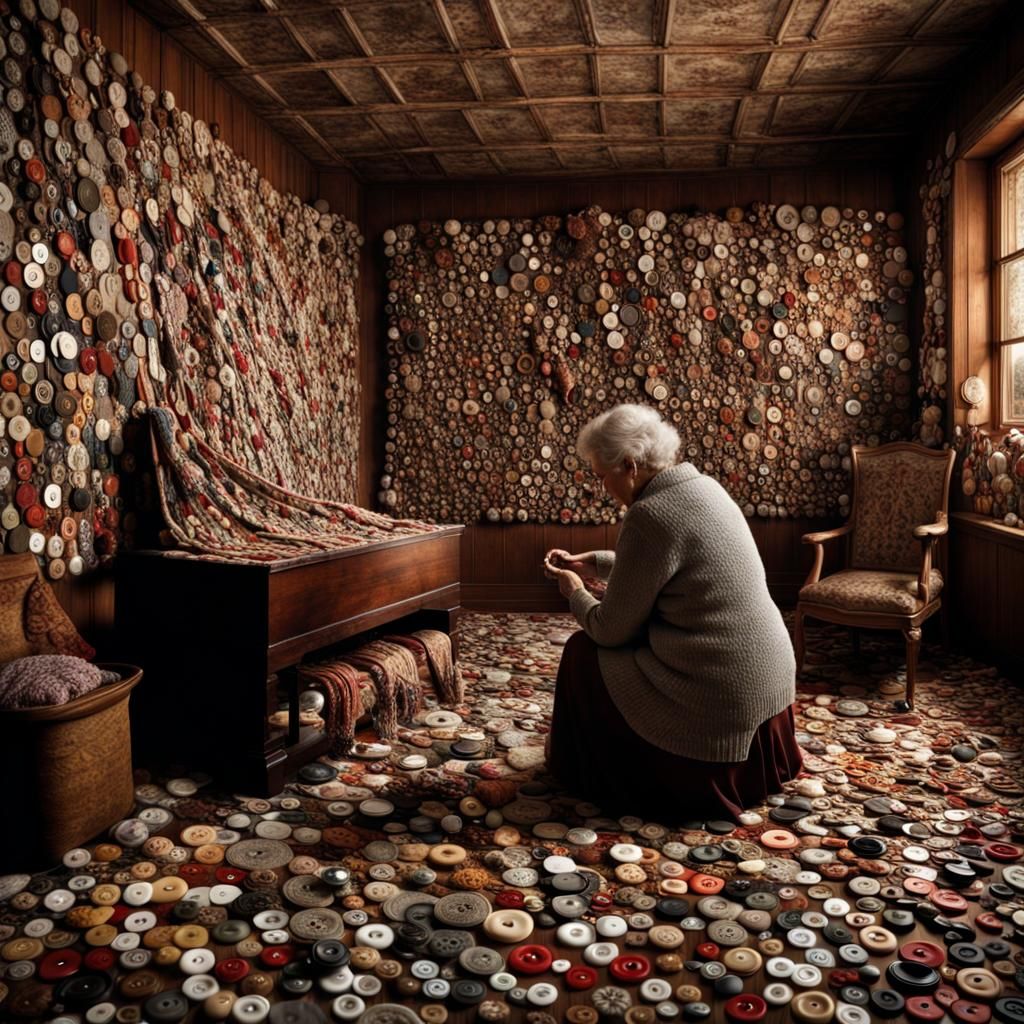 Button Room: Hyperrealistic Knitting Scene