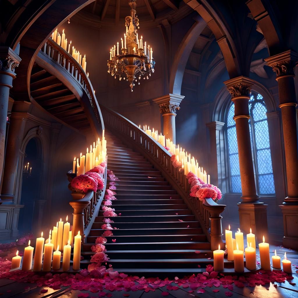 Candlelit Spiral Staircase in Abandoned Castle