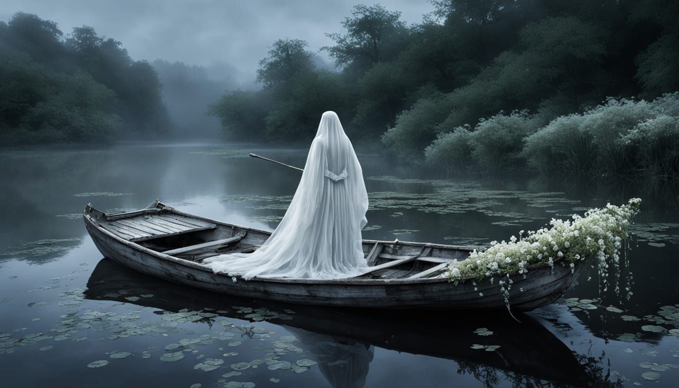 Ethereal Ghost Sails a Misty River in a Haunting Scene